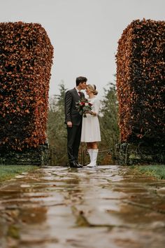 a man and woman standing in front of some hedges with flowers on them, kissing