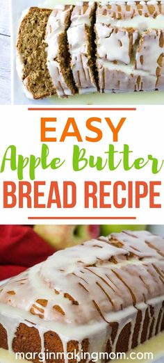 an easy apple butter bread recipe on a white plate with apples in the background and text overlay