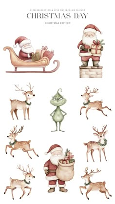 watercolor christmas illustrations with santa claus and reindeers