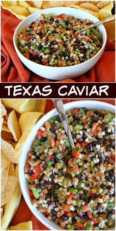 two pictures showing different types of mexican food in white bowls and on red napkins