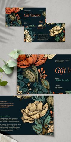 two gift vouchers with flowers and leaves on them