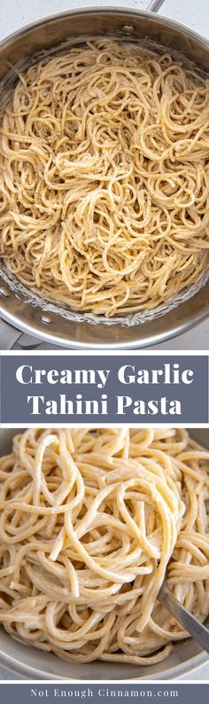 two pictures showing how to make creamy garlic tahitii pasta in one pan and the other