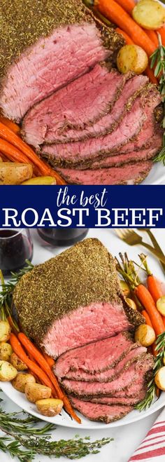 roast beef with carrots, potatoes and herbs on a white plate next to the roast beef