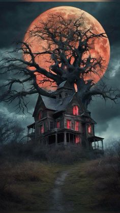 a creepy house with a full moon in the background and trees growing out of it