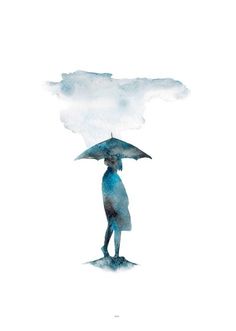 a watercolor painting of a person holding an umbrella in front of a cloud filled sky