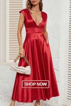 Women's Solid Color V-neck Short Sleeve Swing Maxi Dress Red V-neck Maxi Dress, Solid Color V-neck Midi Dress For Party, Summer Satin Maxi Dress With V-neck, Solid Color Dress With Surplice Neckline For Party, Summer Satin V-neck Maxi Dress, V-neck Midi Dress For Night Out, Solid Color A-line V-neck Party Dress, Solid Color Party Dress With Surplice Neckline, Elegant V-neck Solid Color Dress