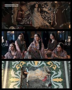 three different pictures of women sitting on the floor in front of a wall with ornate designs