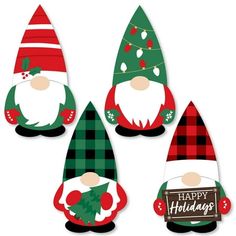 four christmas gnomes are standing next to each other with the words happy holidays written on them