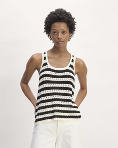 The Crochet Tank Casual Pointelle Knit Scoop Neck Top, Casual Scoop Neck Pointelle Knit Top, Fitted Pointelle Knit Top For Everyday, Fitted Textured Knit Crew Neck Tank Top, Casual Open Knit Cotton Tank Top, Textured Cotton Crochet Top, Stretch Pointelle Knit Top With Scoop Neck, Fitted Cotton Pointelle Knit Top, Casual Textured Knit Top With Scoop Neck