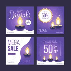 three purple banners with candles for diwali, mega sale and 50 % off