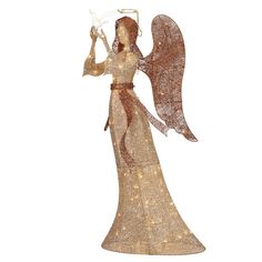 an angel figurine is shown with lights on it