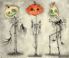 three skeletons with pumpkins and flowers in their heads are standing next to each other