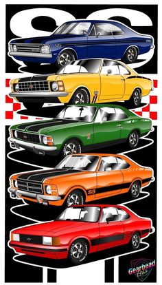 four different colored muscle cars are shown in this poster, with the number six on each side