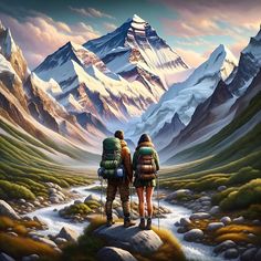 two people with backpacks are standing in the mountains looking out over a river and mountain range