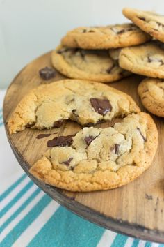 chocolate chip cookies on a wooden platter