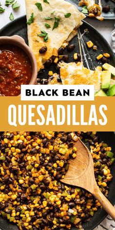 black bean quesadillas in a skillet with tortilla chips and salsa