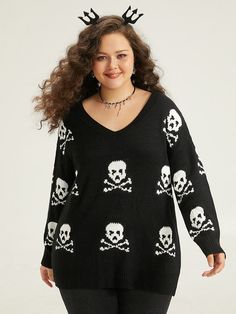 Halloween Elastic Cuffs Skull Print Pullover Skull Pattern, Trendy Sweaters, Wildfox Couture, Drop Shoulder Sweaters, Goth Outfits, Skull Print, White Label, Pocket Dress, Print Pullover