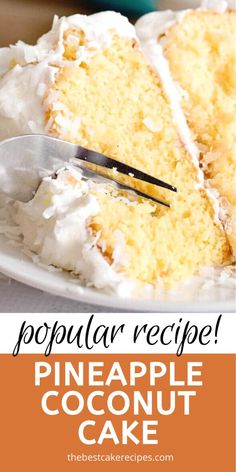 a slice of pineapple coconut cake on a white plate