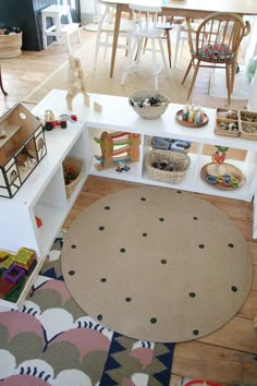 a child's playroom with toys and books on the floor, including an area rug