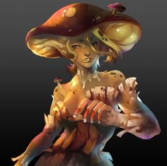 a digital painting of a woman wearing a mushroom hat