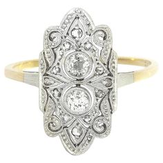 Art Deco Ring with 14 Old European Cut Diamonds approx. 0.42 Carat in White and Yellow Gold Measurements L: 19mm W: 10mm H: 11mm European Cut Diamond Ring, Art Deco Filigree, Ring Art Deco, Deco Ring, European Cut Diamonds, Art Deco Diamond, Art Deco Ring, Bridal Ring, Jewelry Rings Engagement