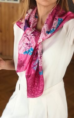 Luxury Pink Scarf For Gift, Summer Silk Shawl Scarf, Pink Shawl Scarf, Elegant Pink Shawl Scarves, Pink Floral Print Silk Scarf, Elegant Patterned Silk Scarves, Pink Feminine Silk Scarf, Elegant Pink Floral Print Scarves, Pink Silk Scarf With Floral Print