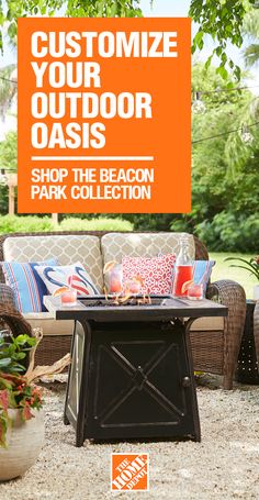 an outdoor patio with furniture and plants in the background text reads, customize your outdoor oasis shop the beacon park collection