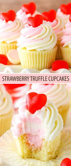 strawberry truffle cupcakes with white frosting and red hearts on top