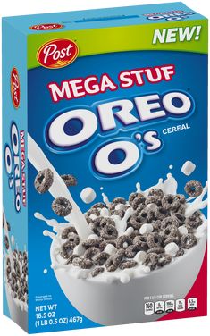 a box of oreo cereal with milk being poured into it