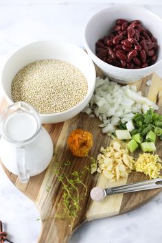 the ingredients for this dish are laid out on a cutting board