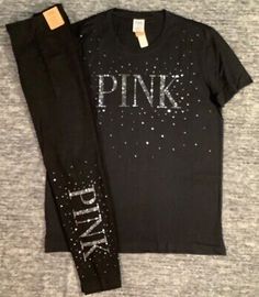 Top Seller for Victoria's Secret Pink Bling Rhinestone Campus Tee + 7/8 Leggings Set Black L XL, Women's Cothing Bling Rhinestones, Pink Bling, Leggings Set, Ankle Leggings, Pink Logo, Fashion Tops, Victoria's Secret Pink, Secret Pink, Womens Clothing Tops