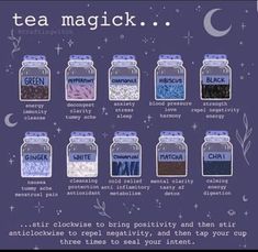 Tea With Witch, Witchy Tea Aesthetic, Tea In Witchcraft, Witch Recipes Potions, Witch Tea Recipes, Herbal Tea Blends Recipes, Witch Recipes Food, Coffee Magick, Spell Jars Recipes