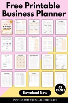 the free printable business planner is shown with pink background and yellow squares on it