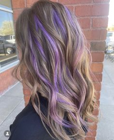 Lilac Hair Peekaboo, Balayage With Peekaboo Color, Dark Blonde And Purple Hair, Dark Blonde Hair With Purple Highlights, Purple Peekaboo Hair Blonde, Lavender Peekaboo Highlights, Dark Purple And Blonde Hair, Purple Hair Peekaboo, Blonde With Purple Underneath