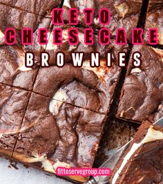 chocolate brownies cut into squares with text overlay that reads keto cheesecake brownies