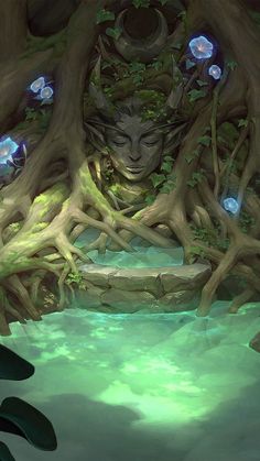 a digital painting of a woman surrounded by trees and plants with glowing eyes on her face