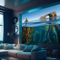 a living room filled with furniture next to a large window covered in seaweed and an underwater scene