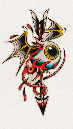 a dragon tattoo design with an arrow and wings on it's back side, in red