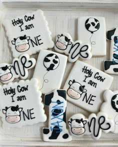 decorated cookies in the shape of cows with sayings on them, including one that says hey cow i am one