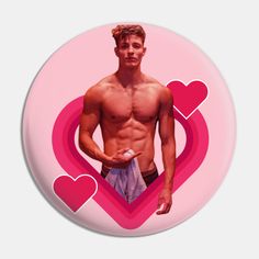 a man with no shirt holding a frisbee in his hand and hearts around him