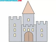 a drawing of a castle with a door and two towers on the front, and an entrance