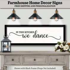 the farmhouse house home decor sign is displayed in front of a table with three lamps