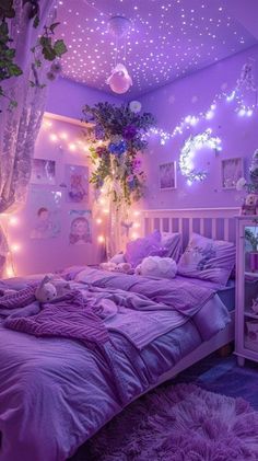 a purple bedroom with fairy lights on the ceiling