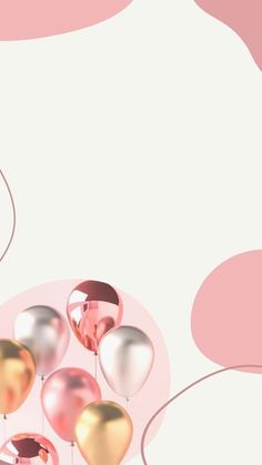 a bunch of balloons floating in the air on a pink and white background with circles