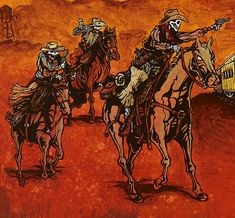 three men on horses in the desert with a train behind them and an orange sky