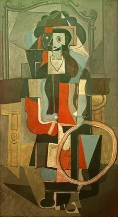 an abstract painting with a woman holding a cat in it's lap and sitting on a chair