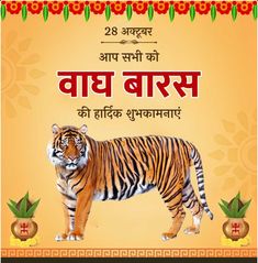 a tiger standing in front of an orange background with the words happy birthday written in english