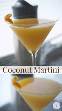 two martinis with orange peel garnish on the rim, and coconut martini