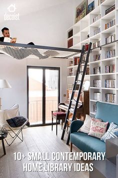 a man sitting on top of a ladder in a living room next to a book shelf