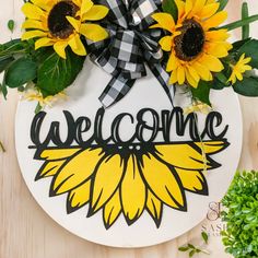 Sunflower Welcome Sign Door Home Greenery, Sunflower Welcome Sign, Playful Fonts, Sunflower Door Hanger, Greenery Flowers, Ashley Nicole, Sunny Season, Nursery Signs, Vibrant Design